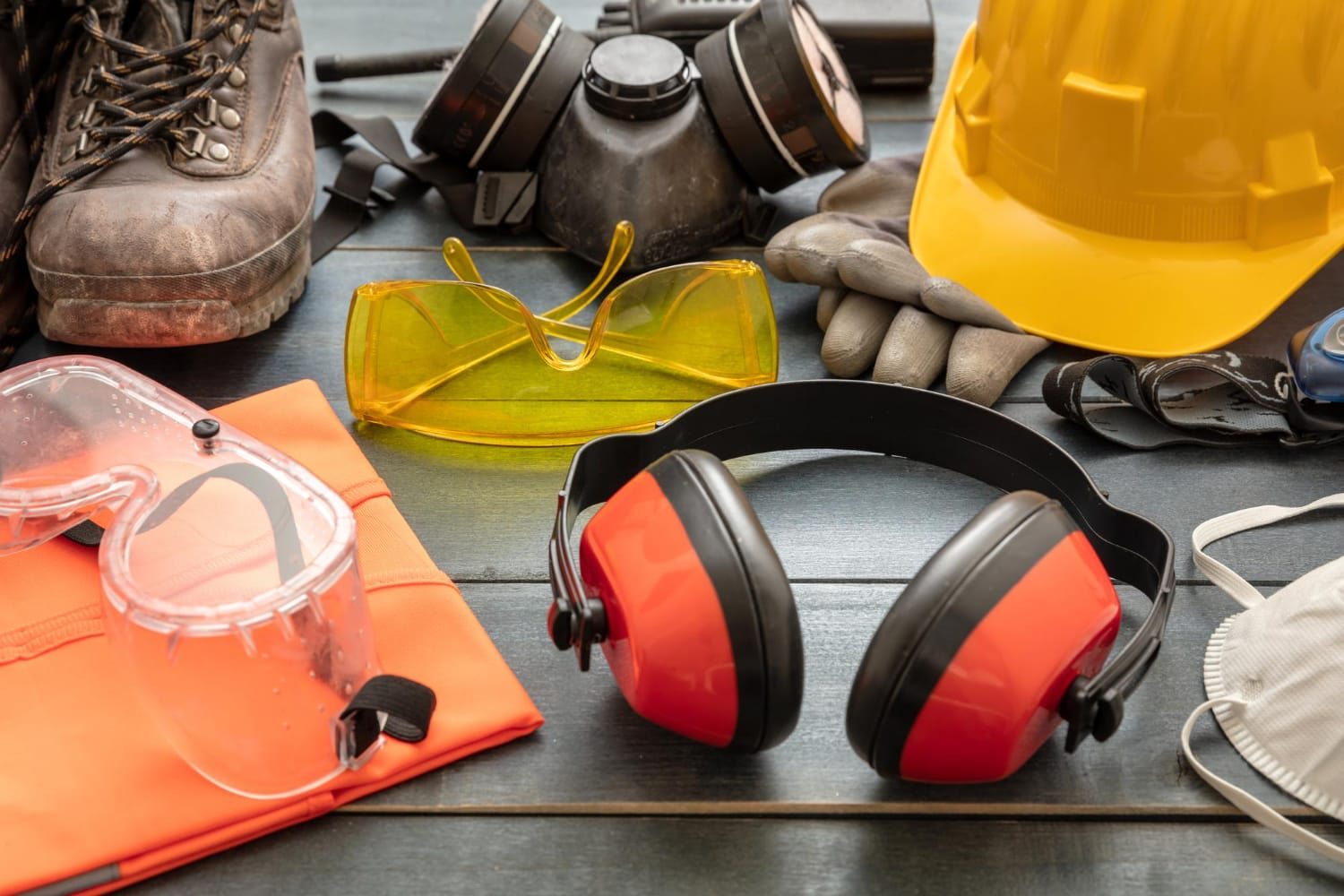 Safety helmets, goggles, gloves and hearing protection laid out on a workbench