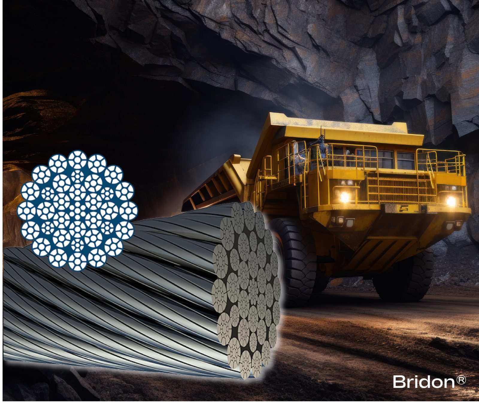 Bridon steel wire rope cross-section against a mining haul truck